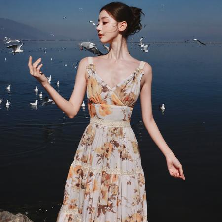 BY13069# 度假风V领收腰显瘦蕾丝油画印花吊带连衣裙长裙 服裝批發女裝批發服飾貨源