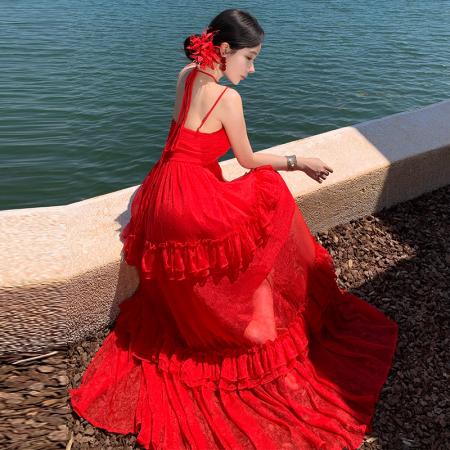 BY13070# 法式飘逸红色吊带裙高品质海边度假绝美超仙大摆裙 服裝批發女裝批發服飾貨源