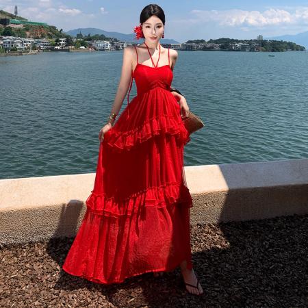 BY13070# 法式飘逸红色吊带裙高品质海边度假绝美超仙大摆裙 服裝批發女裝批發服飾貨源