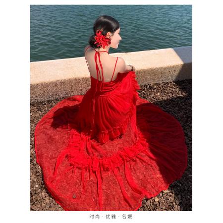 BY13070# 法式飘逸红色吊带裙高品质海边度假绝美超仙大摆裙 服裝批發女裝批發服飾貨源