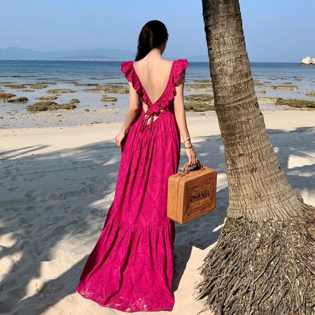 BY13072# 夏季新款小飞袖露背连衣裙绑带设计度假风长裙 服裝批發女裝批發服飾貨源