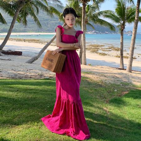 BY13072# 夏季新款小飞袖露背连衣裙绑带设计度假风长裙 服裝批發女裝批發服飾貨源