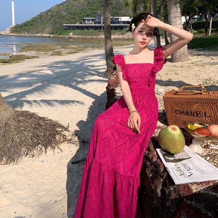 BY13072# 夏季新款小飞袖露背连衣裙绑带设计度假风长裙 服裝批發女裝批發服飾貨源