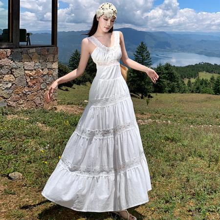 BY13073# 法式蕾丝吊带连衣裙夏季仙女裙收腰长裙 服裝批發女裝批發服飾貨源