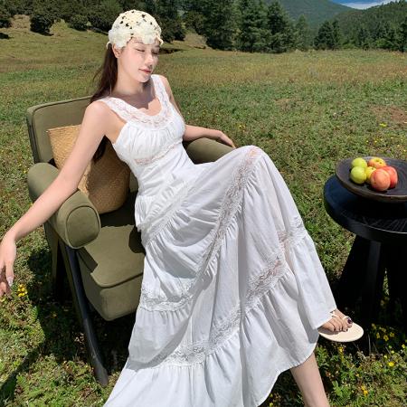 BY13073# 法式蕾丝吊带连衣裙夏季仙女裙收腰长裙 服裝批發女裝批發服飾貨源