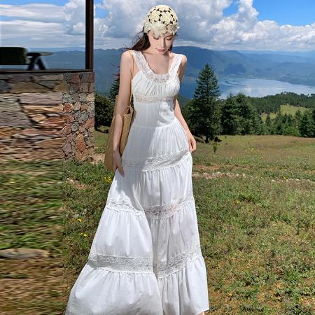 BY13073# 法式蕾丝吊带连衣裙夏季仙女裙收腰长裙 服裝批發女裝批發服飾貨源