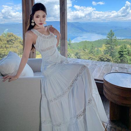 BY13073# 法式蕾丝吊带连衣裙夏季仙女裙收腰长裙 服裝批發女裝批發服飾貨源