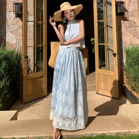 BY13074# 温柔风蕾丝刺绣挂脖马甲上衣高腰A摆法式半身裙两件套 服裝批發女裝批發服飾貨源