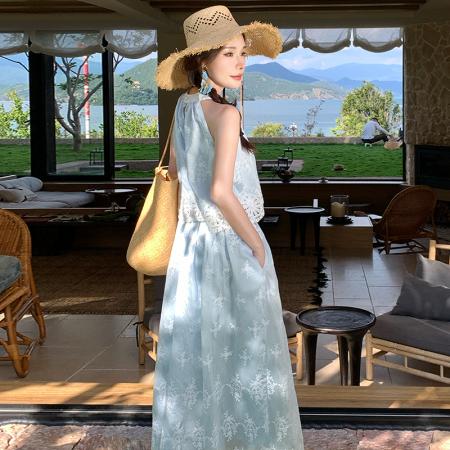 BY13074# 温柔风蕾丝刺绣挂脖马甲上衣高腰A摆法式半身裙两件套 服裝批發女裝批發服飾貨源