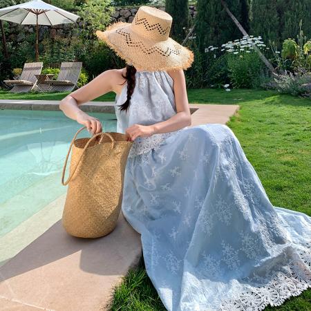 BY13074# 温柔风蕾丝刺绣挂脖马甲上衣高腰A摆法式半身裙两件套 服裝批發女裝批發服飾貨源