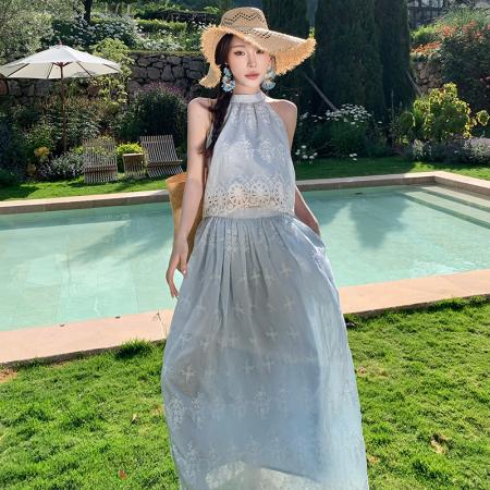 BY13074# 温柔风蕾丝刺绣挂脖马甲上衣高腰A摆法式半身裙两件套 服裝批發女裝批發服飾貨源