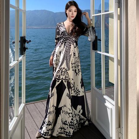 BY13075# 高品质气质名媛印花V领大摆裙收腰显瘦度假裙复古老钱风度假长裙 服裝批發女裝批發服飾貨源