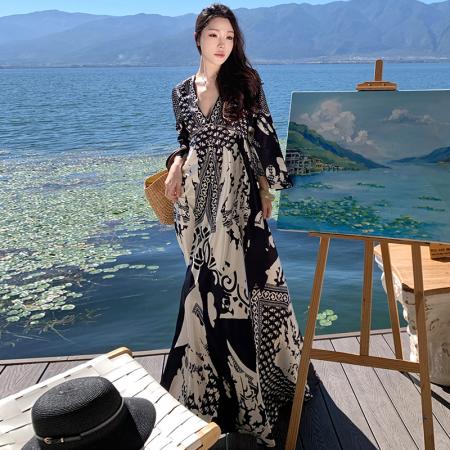 BY13075# 高品质气质名媛印花V领大摆裙收腰显瘦度假裙复古老钱风度假长裙 服裝批發女裝批發服飾貨源