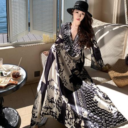 BY13075# 高品质气质名媛印花V领大摆裙收腰显瘦度假裙复古老钱风度假长裙 服裝批發女裝批發服飾貨源