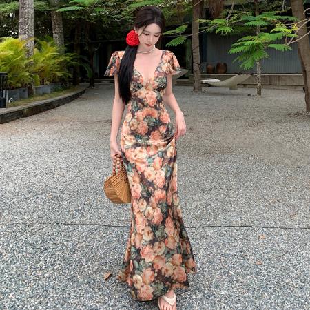 BY13076# 法式气质碎花V领连衣裙优雅收腰短袖长裙 服裝批發女裝批發服飾貨源