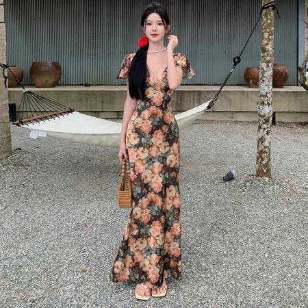 BY13076# 法式气质碎花V领连衣裙优雅收腰短袖长裙 服裝批發女裝批發服飾貨源