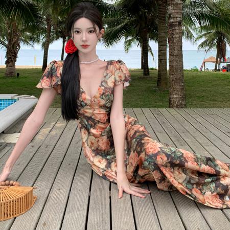 BY13076# 法式气质碎花V领连衣裙优雅收腰短袖长裙 服裝批發女裝批發服飾貨源