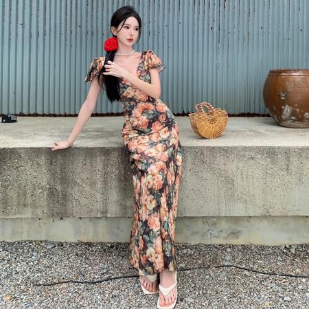 BY13076# 法式气质碎花V领连衣裙优雅收腰短袖长裙 服裝批發女裝批發服飾貨源