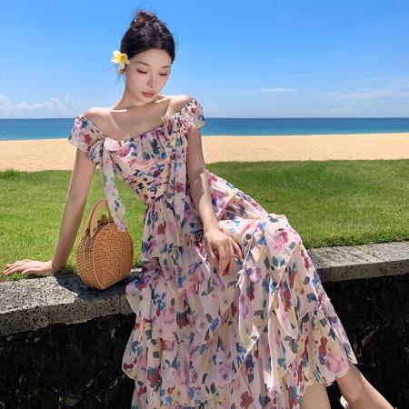 BY13077# 法式度假风压褶飘带碎花荷叶边蛋糕裙长裙 服裝批發女裝批發服飾貨源