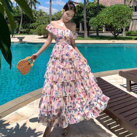 BY13077# 法式度假风压褶飘带碎花荷叶边蛋糕裙长裙 服裝批發女裝批發服飾貨源