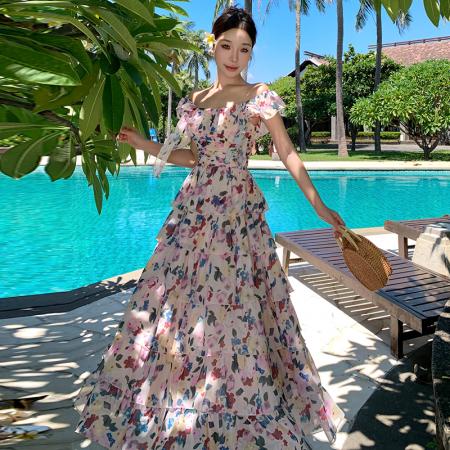 BY13077# 法式度假风压褶飘带碎花荷叶边蛋糕裙长裙 服裝批發女裝批發服飾貨源