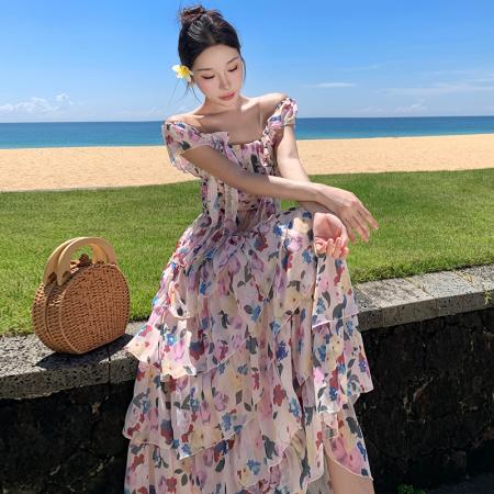 BY13077# 法式度假风压褶飘带碎花荷叶边蛋糕裙长裙 服裝批發女裝批發服飾貨源