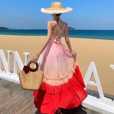 BY13078# 出逃多巴胺油画印花渐变连衣裙女夏慵懒风吊带裙 服裝批發女裝批發服飾貨源