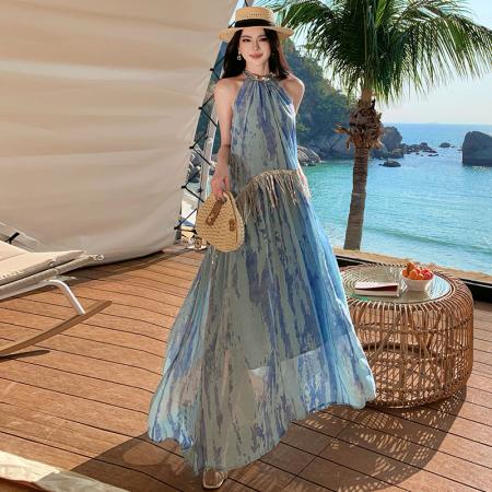 BY13079# 新中式国风亮片流苏夏季挂脖连衣裙子三亚度假 服裝批發女裝批發服飾貨源