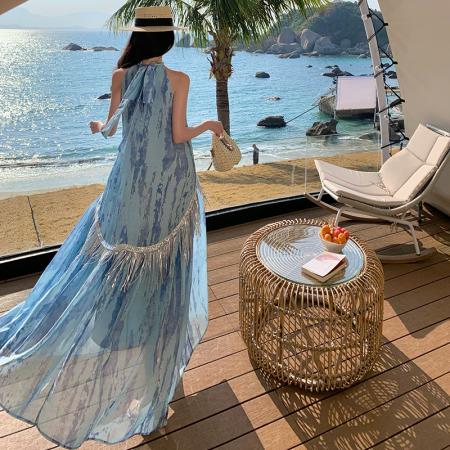 BY13079# 新中式国风亮片流苏夏季挂脖连衣裙子三亚度假 服裝批發女裝批發服飾貨源