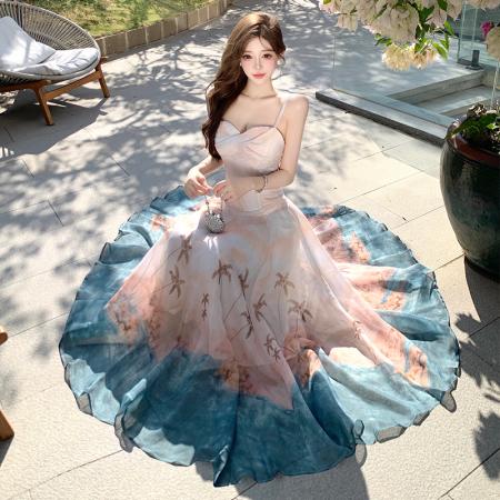 BY13080# 法式晕染海岛度假印花吊带连衣裙气质长裙子 服裝批發女裝批發服飾貨源