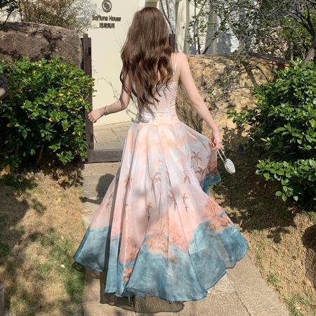 BY13080# 法式晕染海岛度假印花吊带连衣裙气质长裙子 服裝批發女裝批發服飾貨源