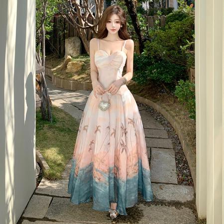 BY13080# 法式晕染海岛度假印花吊带连衣裙气质长裙子 服裝批發女裝批發服飾貨源