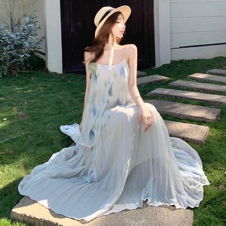 BY13081# 高货定制花朵吊带连衣裙仙海边度假沙滩长裙夏 服裝批發女裝批發服飾貨源