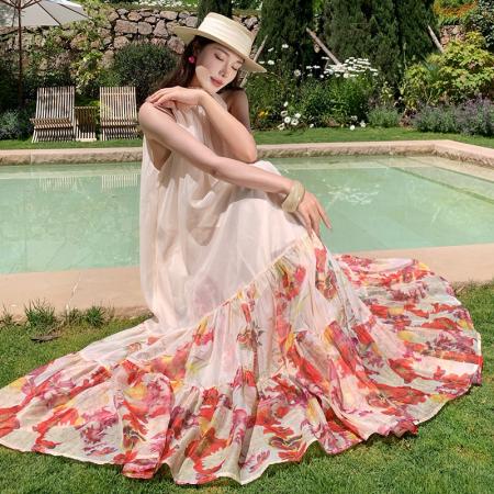 BY13082# 无袖挂脖绝美连衣裙女法式高级感精致海边度假仙女长裙 服裝批發女裝批發服飾貨源