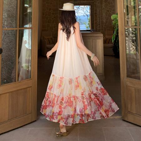 BY13082# 无袖挂脖绝美连衣裙女法式高级感精致海边度假仙女长裙 服裝批發女裝批發服飾貨源