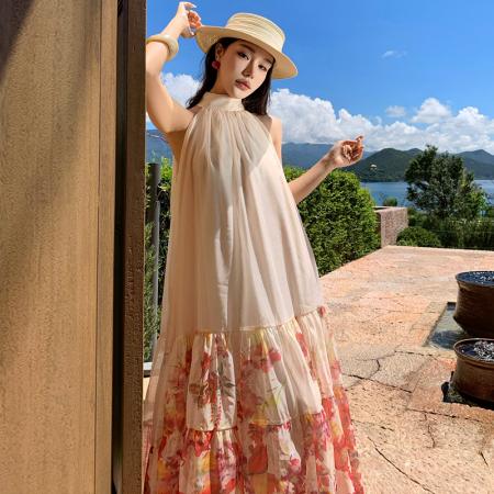 BY13082# 无袖挂脖绝美连衣裙女法式高级感精致海边度假仙女长裙 服裝批發女裝批發服飾貨源
