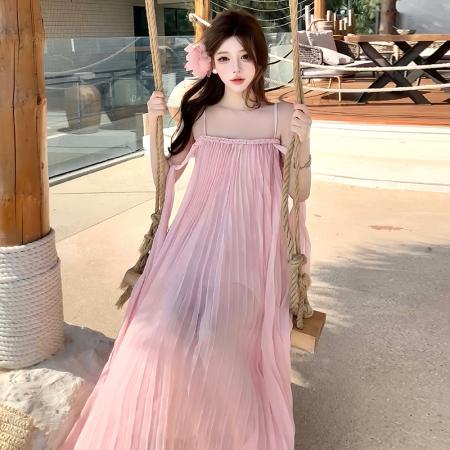 BY13083# 压褶抹胸一字肩飘带超仙大摆仙女长裙氛围感海岛度假风裙子 服裝批發女裝批發服飾貨源