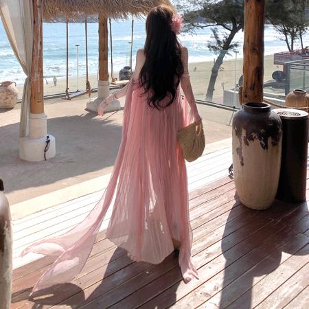 BY13083# 压褶抹胸一字肩飘带超仙大摆仙女长裙氛围感海岛度假风裙子 服裝批發女裝批發服飾貨源