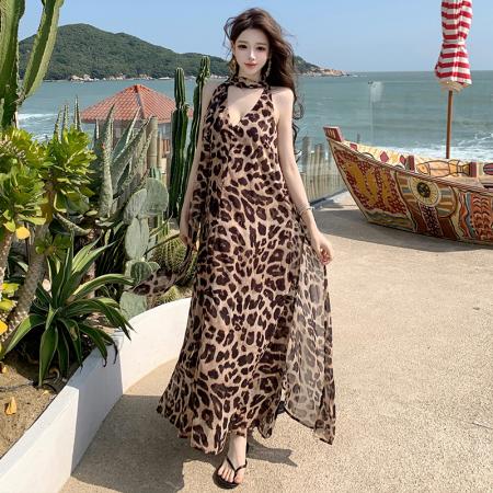 BY13084# 法式复古飘带挂脖豹纹连衣裙女夏季小众独特气质雪纺印花过膝长裙 服裝批發女裝批發服飾貨源