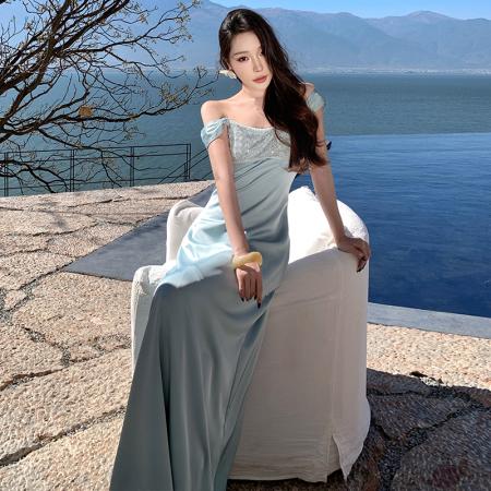 BY13086# 缎面轻奢感宴会礼服裙重工珠片吊连衣裙 服裝批發女裝批發服飾貨源