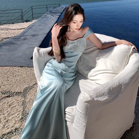 BY13086# 缎面轻奢感宴会礼服裙重工珠片吊连衣裙 服裝批發女裝批發服飾貨源