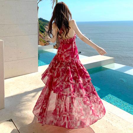 BY13087# 法式浪漫粉色虞美移花挂脖度假连衣裙长裙 服裝批發女裝批發服飾貨源