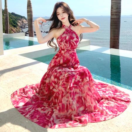 BY13087# 法式浪漫粉色虞美移花挂脖度假连衣裙长裙 服裝批發女裝批發服飾貨源