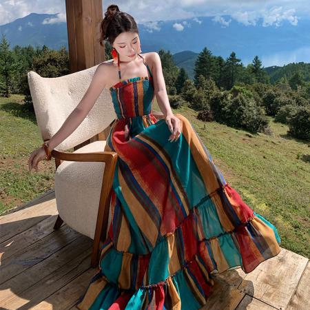 BY13089# 多巴胺色彩彩虹条纹热辣露背度假风长裙 服裝批發女裝批發服飾貨源