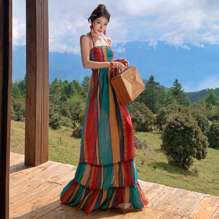 BY13089# 多巴胺色彩彩虹条纹热辣露背度假风长裙 服裝批發女裝批發服飾貨源