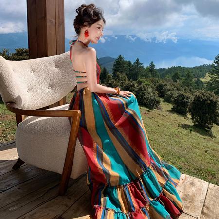 BY13089# 多巴胺色彩彩虹条纹热辣露背度假风长裙 服裝批發女裝批發服飾貨源