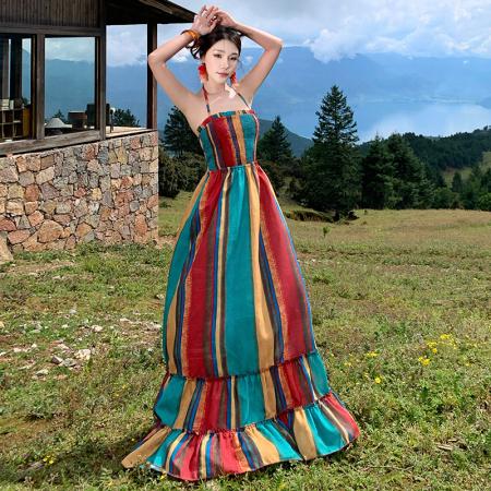 BY13089# 多巴胺色彩彩虹条纹热辣露背度假风长裙 服裝批發女裝批發服飾貨源