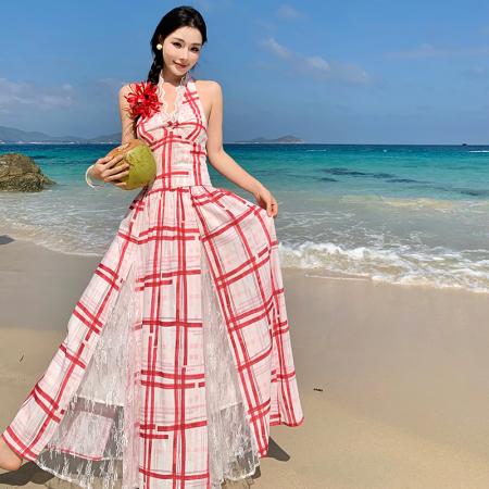 BY13090# 挂脖吊带连衣裙夏季新款大摆红白格纹长裙 服裝批發女裝批發服飾貨源