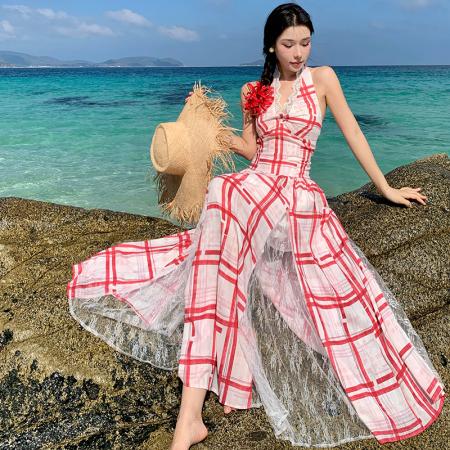 BY13090# 挂脖吊带连衣裙夏季新款大摆红白格纹长裙 服裝批發女裝批發服飾貨源