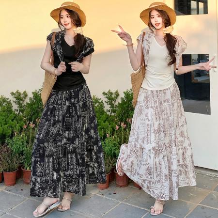 BY13091# 大码百搭针织显瘦短袖上衣＋设计感波西米亚风高腰显瘦半裙 服裝批發女裝批發服飾貨源